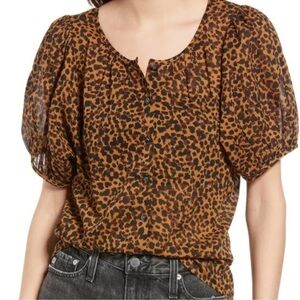 Madewell Painted Leopard Balloon Sleeve Button Up Top Size Large